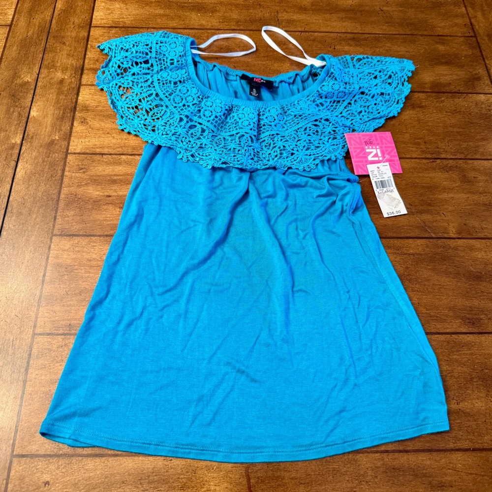 Iz Byer Teal Blue Crochet Lace Knit Top Shirt Girl's XL 16 NWT Floral Frenzy